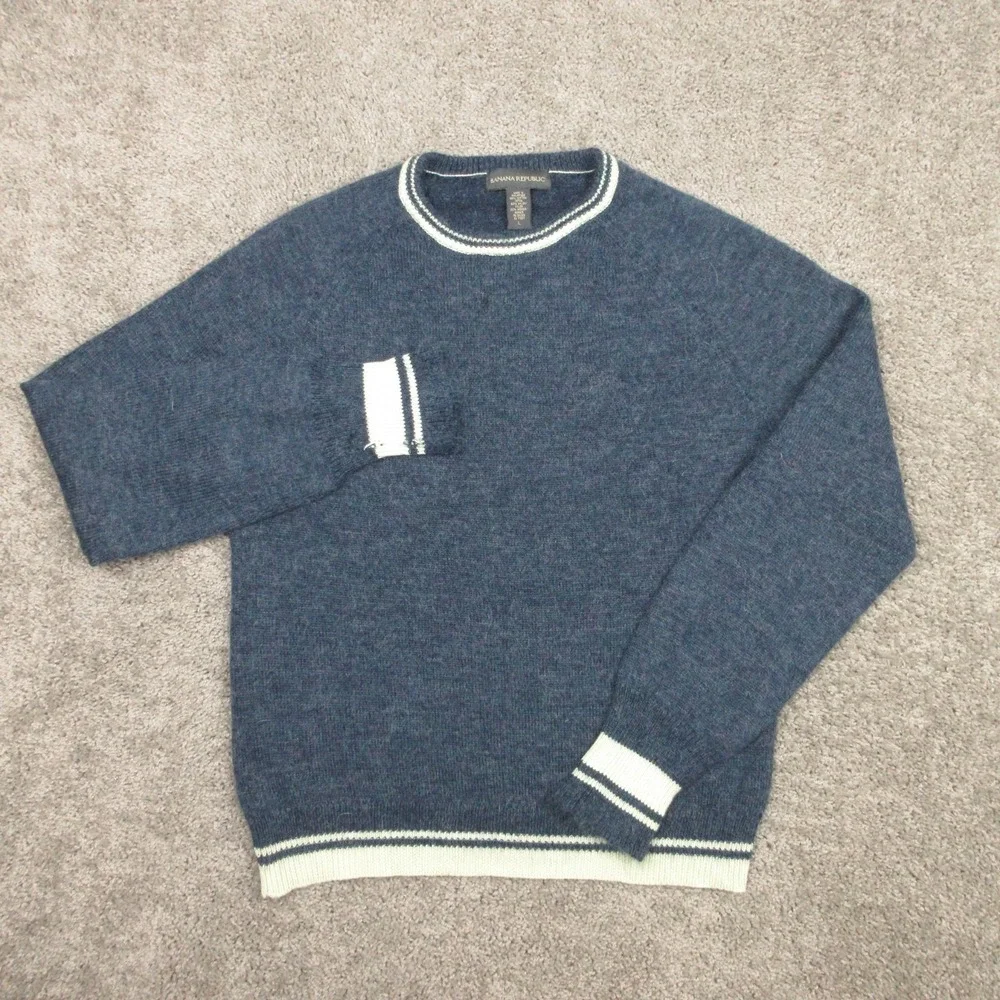 Vintage Banana Republic Sweater Mens Large Blue Cream Stripe Mohair Crewneck Y2K